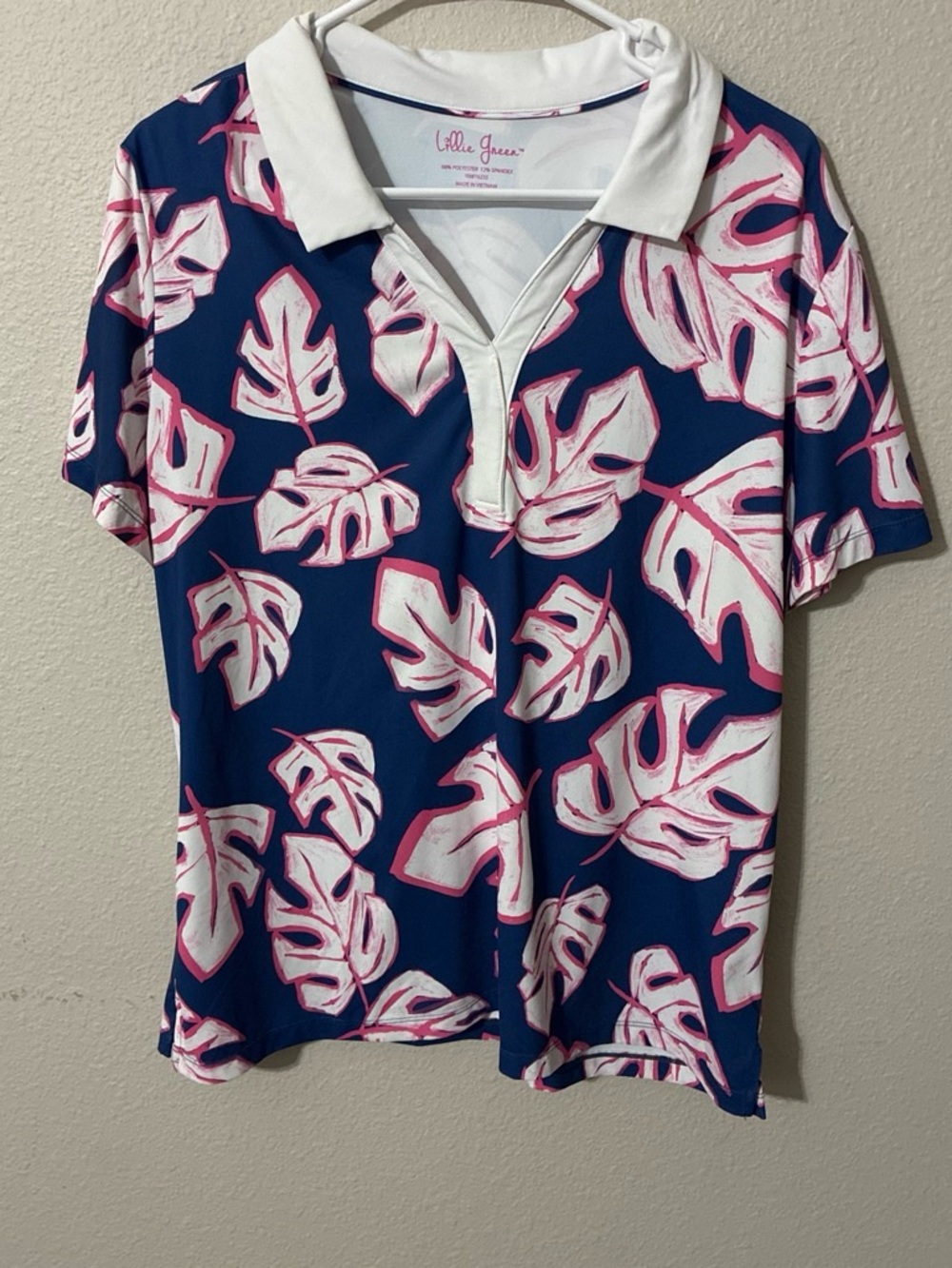 Lillie Green women’s Navy Pink Leaf Polo Top